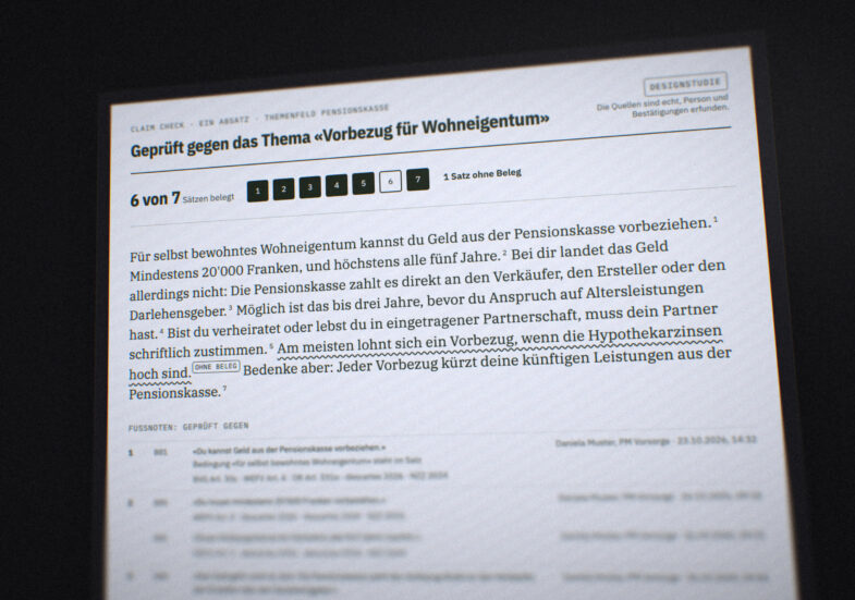 Foto eines Bildschirms mit einem Absatz über den Vorbezug für Wohneigentum. Über dem Absatz stehen sieben Kästchen, eines pro Satz, und das sechste ist leer. Im Absatz ist der sechste Satz, «Am meisten lohnt sich ein Vorbezug, wenn die Hypothekarzinsen hoch sind», mit einer Wellenlinie unterstrichen und trägt die Marke «ohne Beleg». Alle anderen Sätze tragen eine Fussnote.