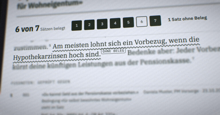 Foto eines Bildschirms, nah: Oben steht «6 von 7 Sätzen belegt», daneben sieben Kästchen, eines pro Satz, das sechste ist leer. Direkt darunter ist der Satz «Am meisten lohnt sich ein Vorbezug, wenn die Hypothekarzinsen hoch sind.» mit einer Wellenlinie unterstrichen und trägt die Marke «ohne Beleg».